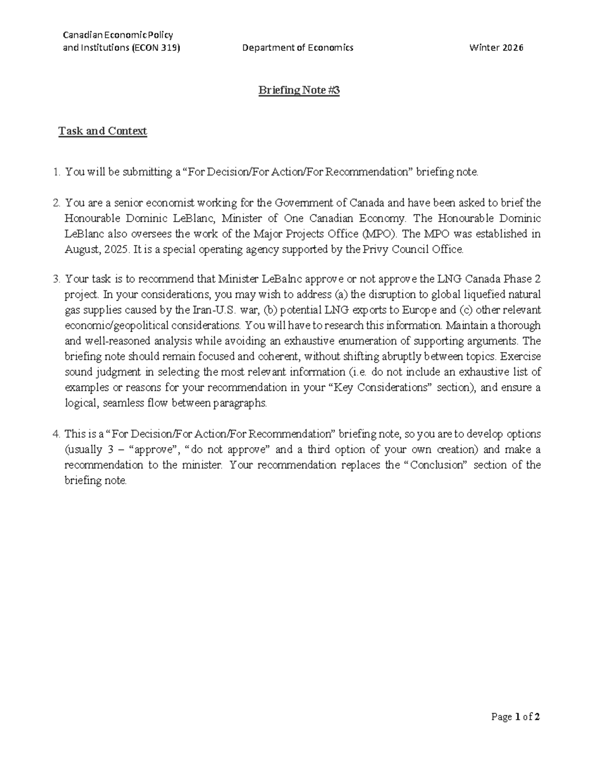 Briefing Note on LNG Canada Phase 2 Project (ECON 319) Winter 2026 ...