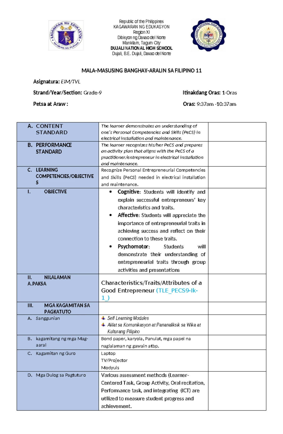 Grade 9 TLE Lesson Plan: Technical Plans & Diagrams in Electrical Inst ...