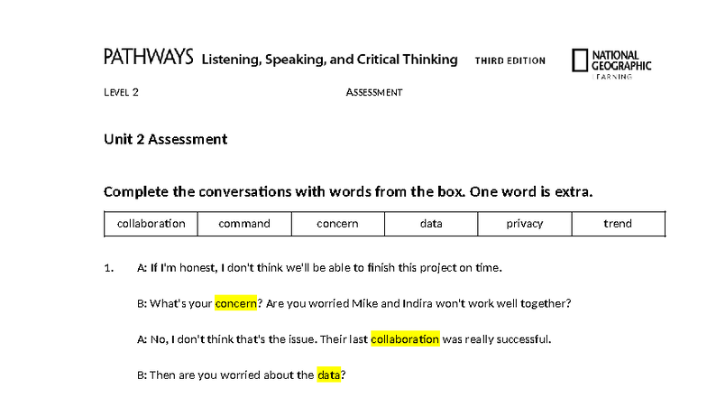 Pathways LS 3e L2 Assessment: Unit 2 Conversation & Vocabulary Tasks ...