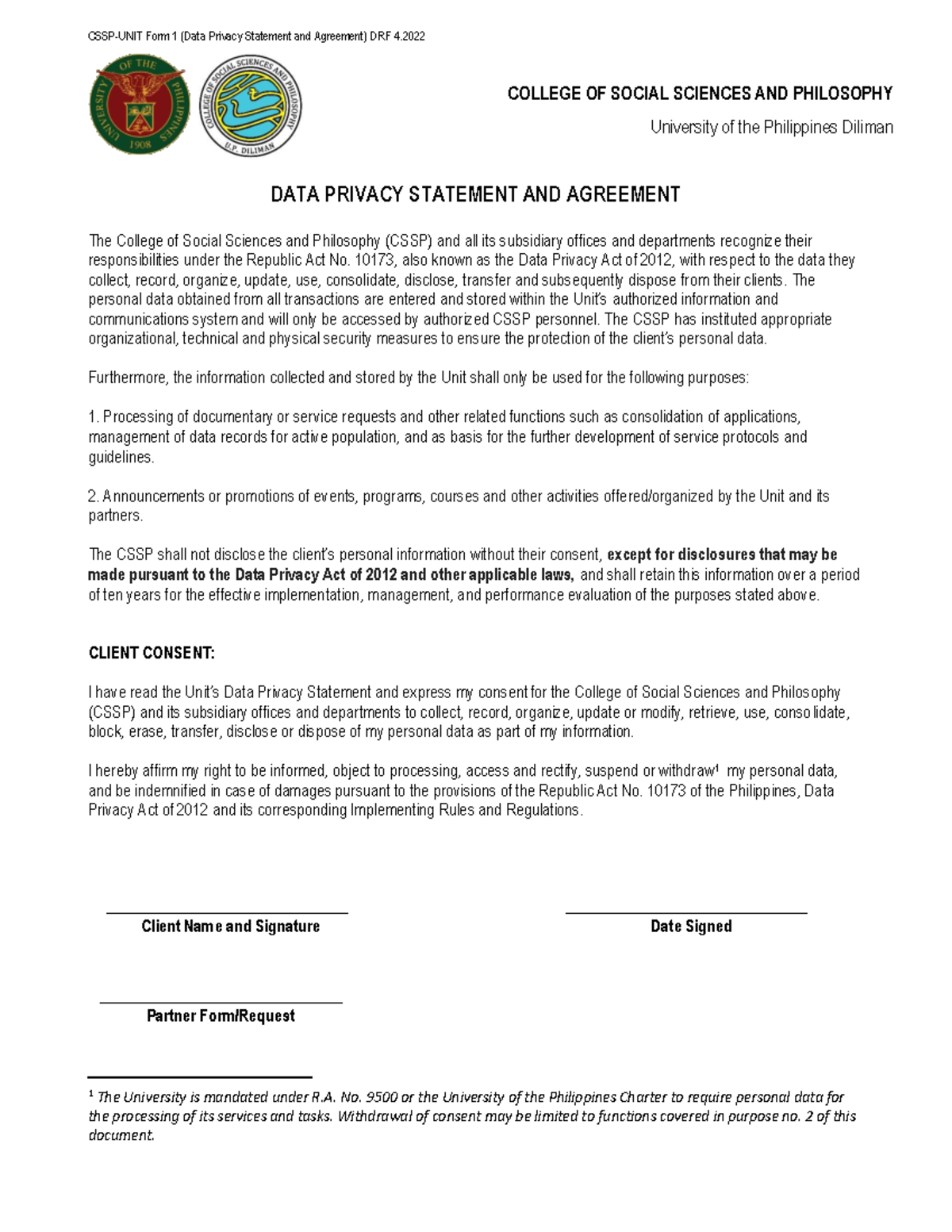 Revised CSSP-UNIT Form 1: Data Privacy Statement & Agreement - Studocu