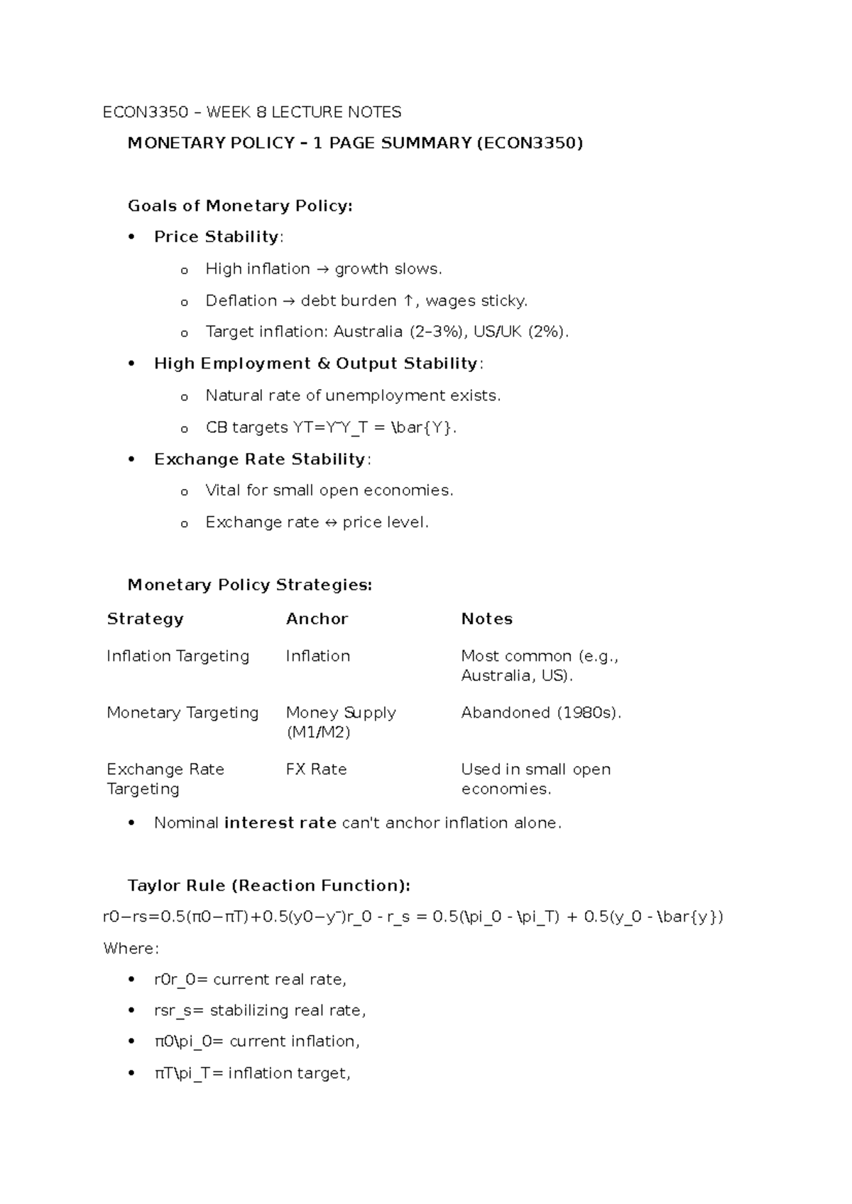 ECON3350 WEEK 8 LECTURE NOTES: MONETARY POLICY SUMMARY - Studocu