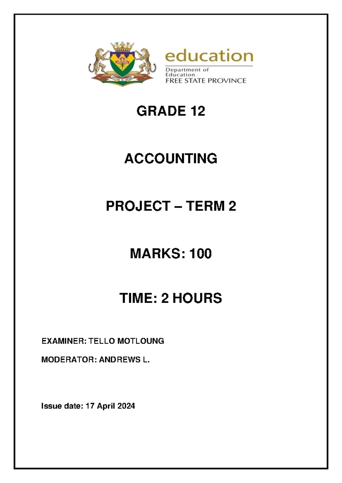 Grade 12 Accounting Project Term 2 2024: Financial Analysis & Insights ...