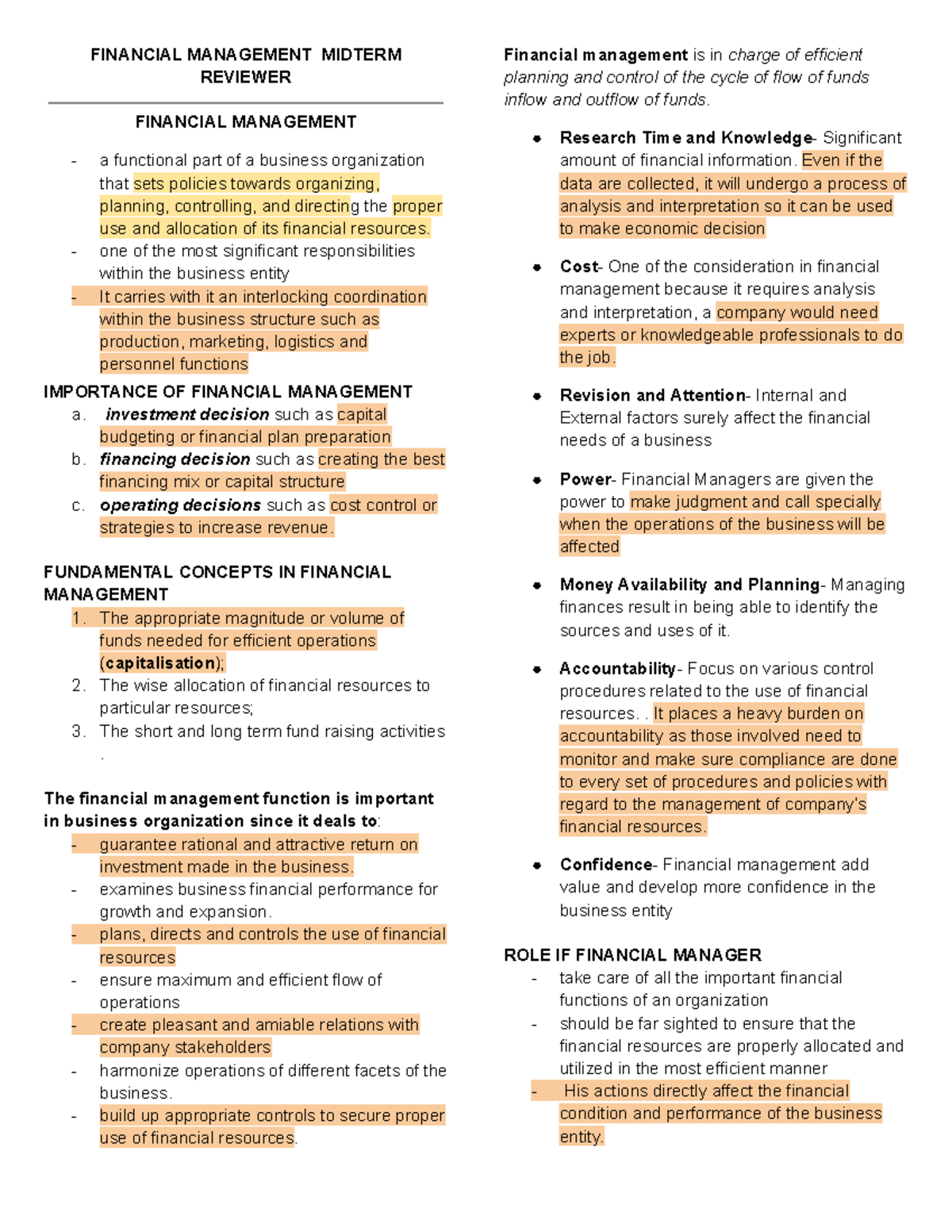 Financial Management Midterm Reviewer (FM 101) - Studocu