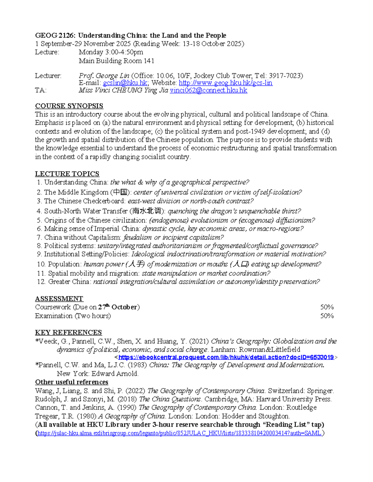 GEOG 2126: Course Outline for Understanding China - Land & People 2025 ...
