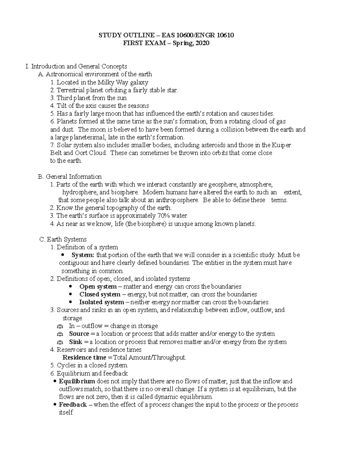 EAS 10600 - First Exam Study Guide: Chapter Outlines for EAS 10600/ENGR ...