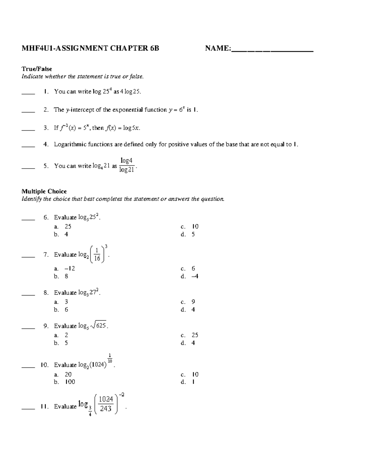 MHF4U Chapter 6B True/False & Evaluation Questions - Studocu