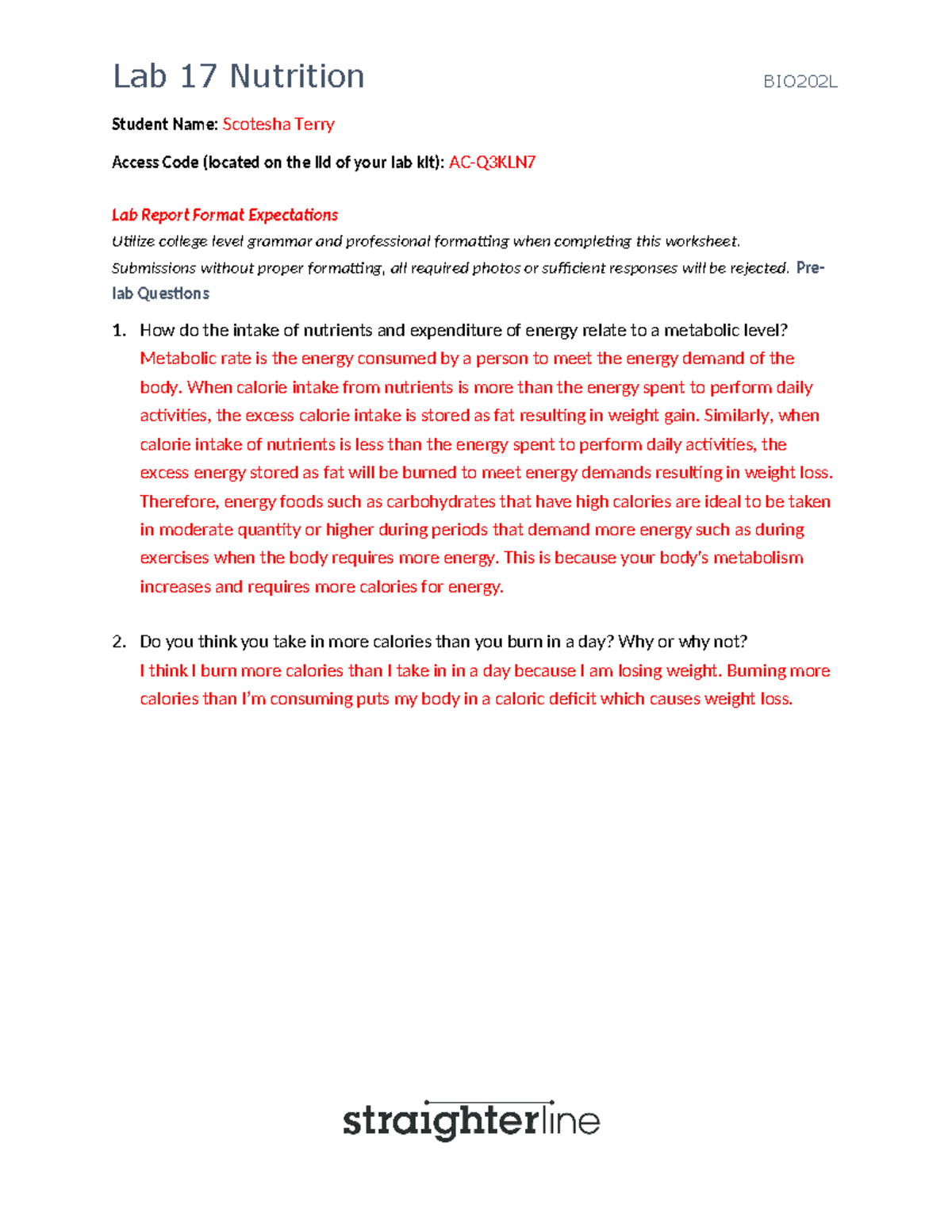 Lab 17 AP2 - Nutrition Tracking and Biomolecule Testing Worksheet - Studocu