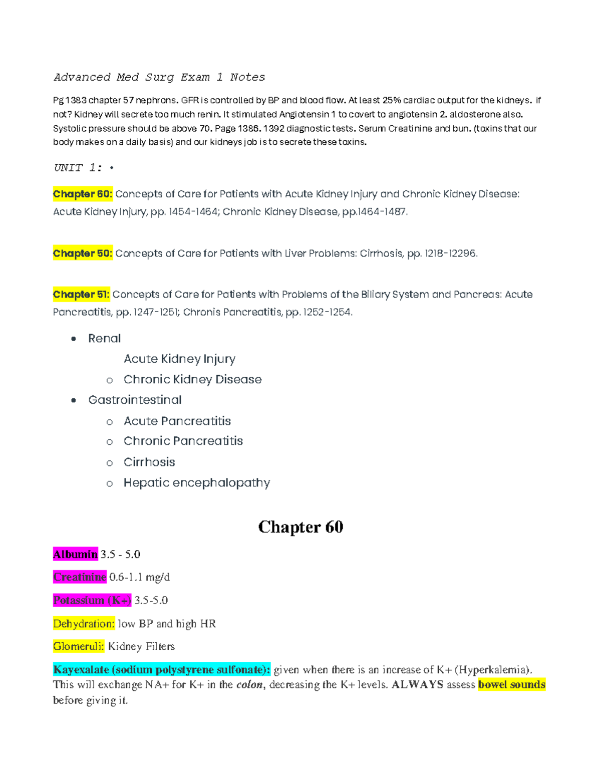 Exam 1 Lecture & Chapter Notes - Advanced Med Surg Exam 1 Notes Pg 1383 ...