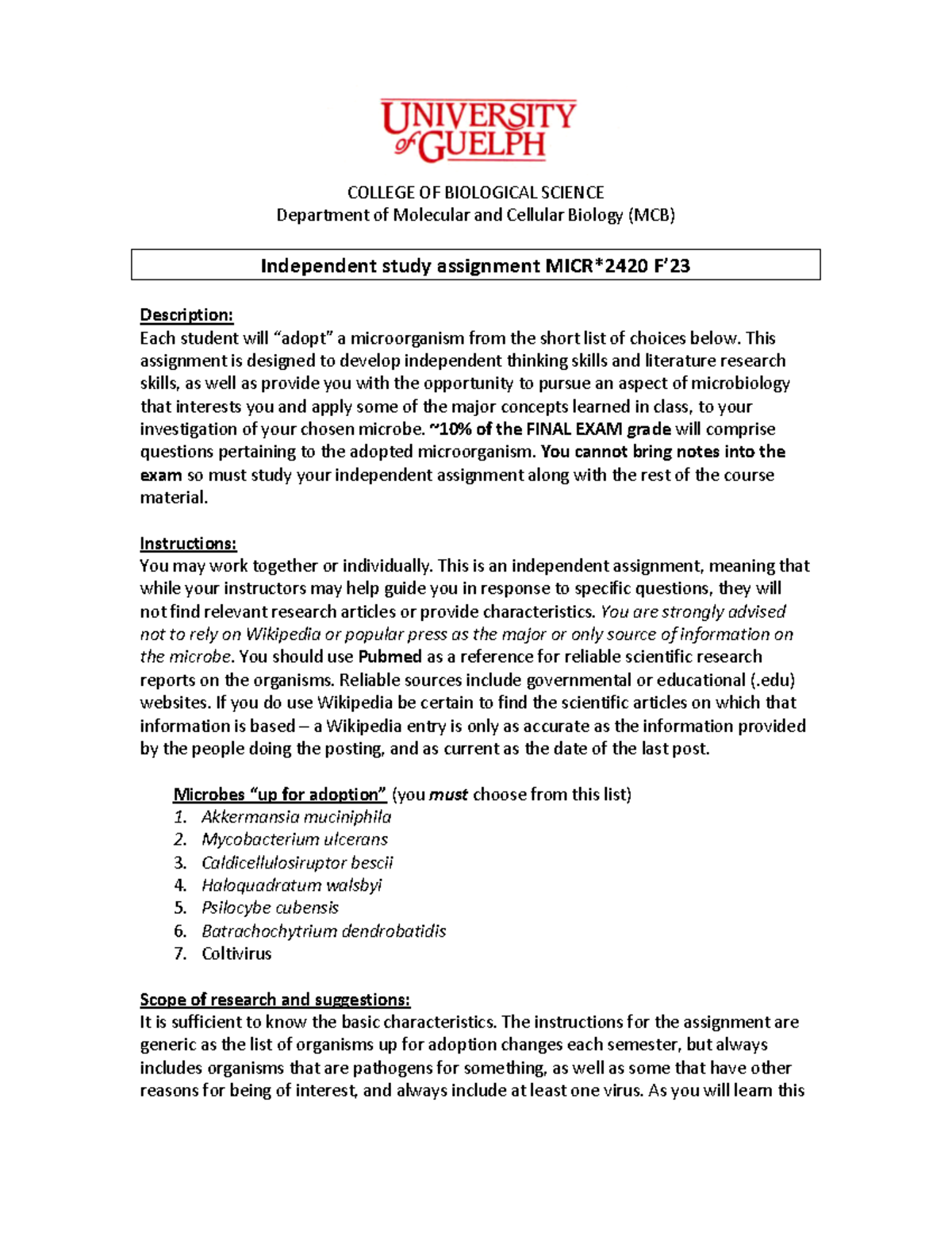 MICR*2420 Independent Study Assignment on Microorganisms - Studocu