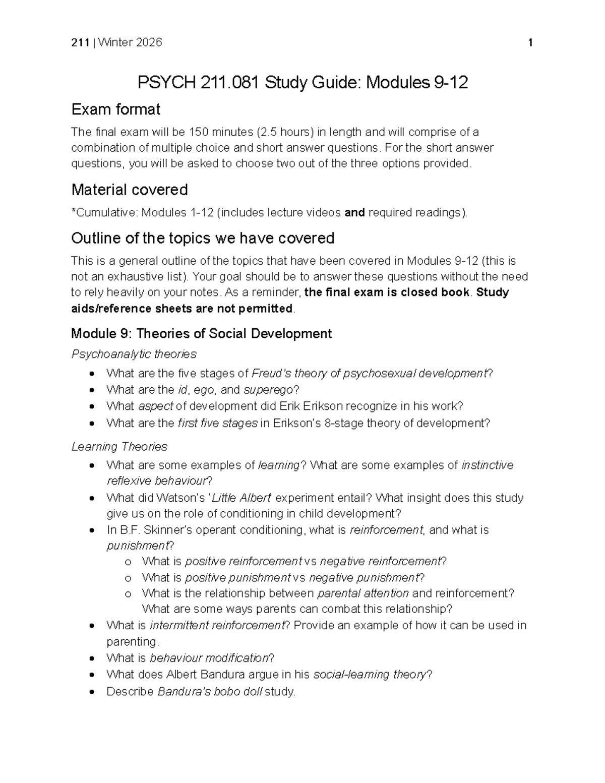 Psych 211-081 Final Exam Study Guide: Modules 9-12 Overview - Studocu