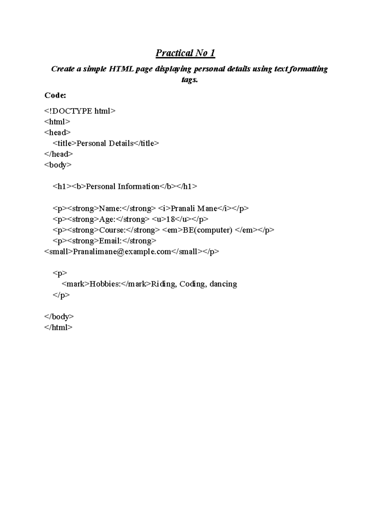 Assignment 1 - advs - Practical No 1 Create a simple HTML page ...