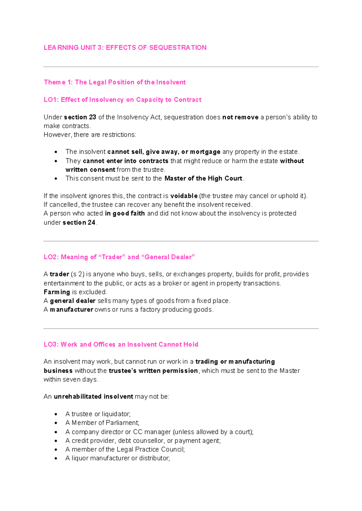 Law of Property Notes: Effects of Sequestration and Asset Distribution ...