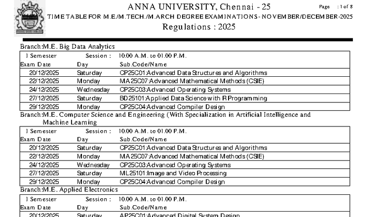 ANNA UNIVERSITY M.E. I Semester Exam Time Table Regulations 2025 - Studocu