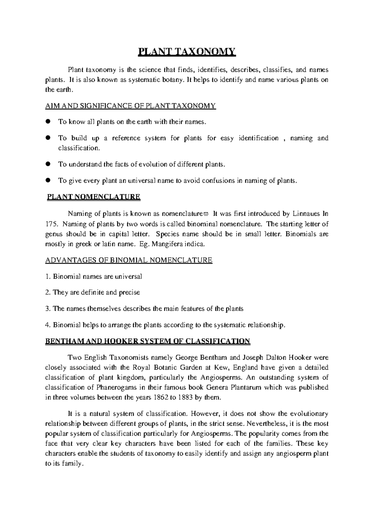 Plant Taxonomy 1 - Comprehensive Study Notes - Studocu