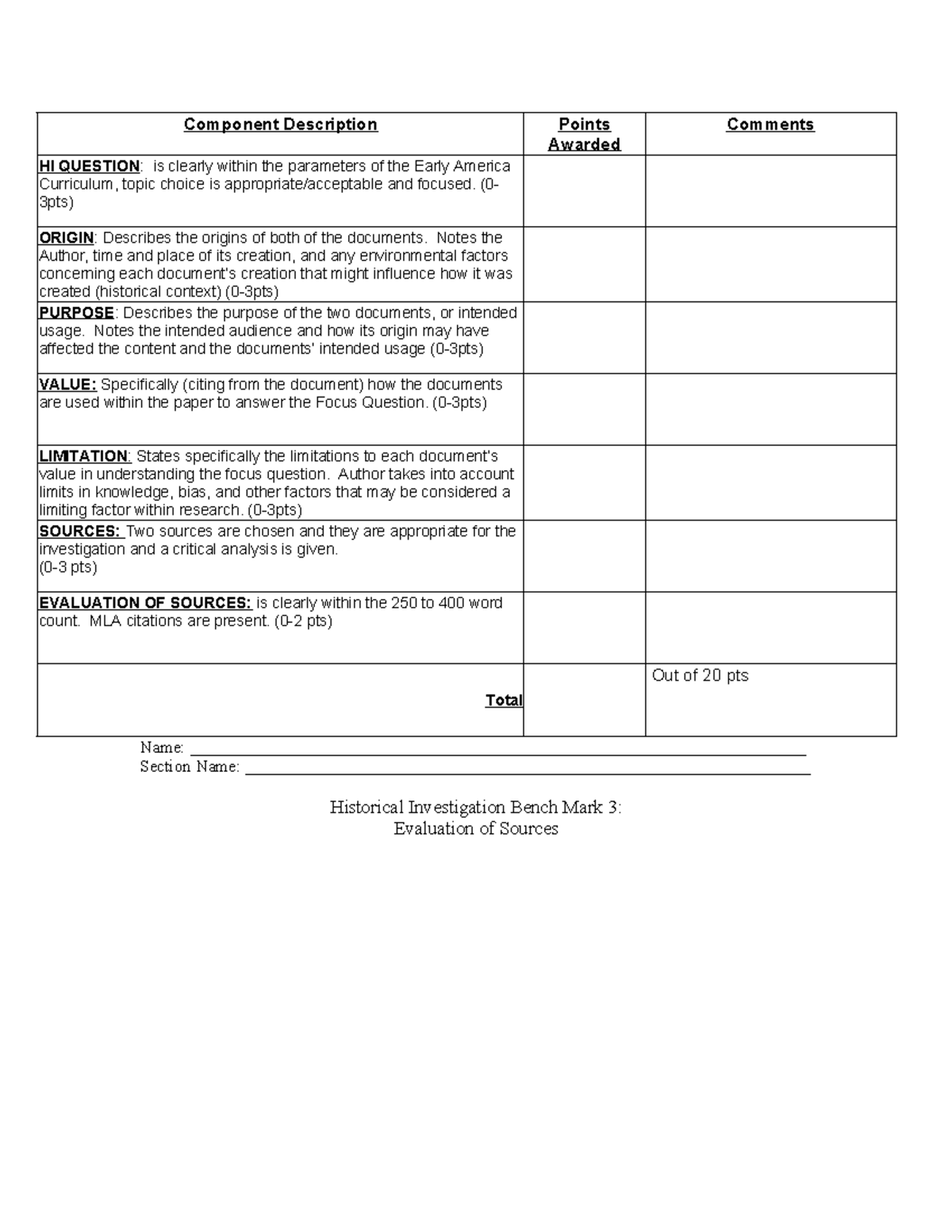 Benchmark 3 Evaluation of Sources Rubric - Component Description Points ...