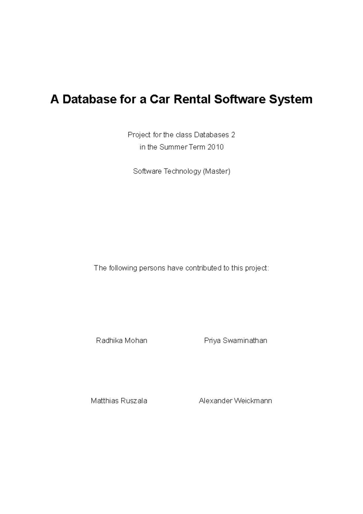 Car Rental System Database Project - Databases 2 (Summer 2010) - Studocu