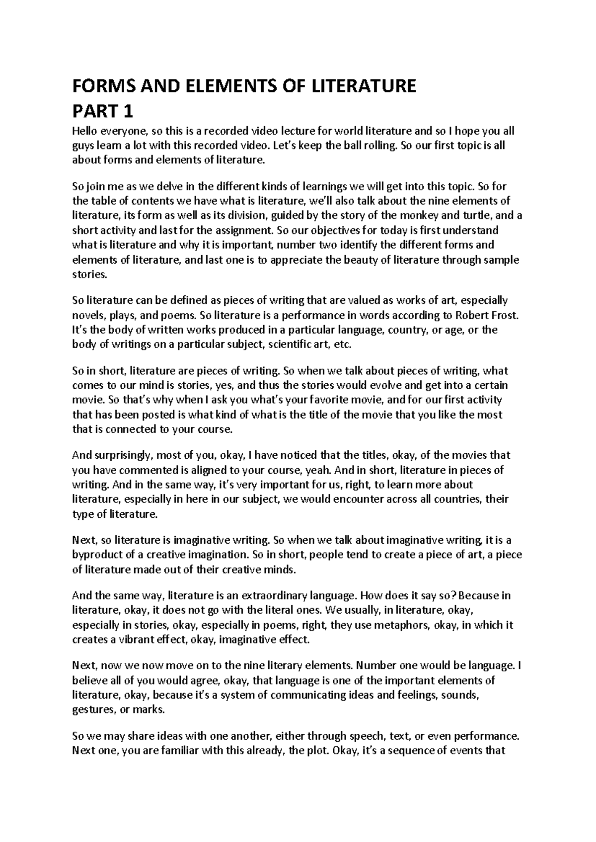 World Lit 101: Prelim Review on Literary Forms & Elements - Studocu