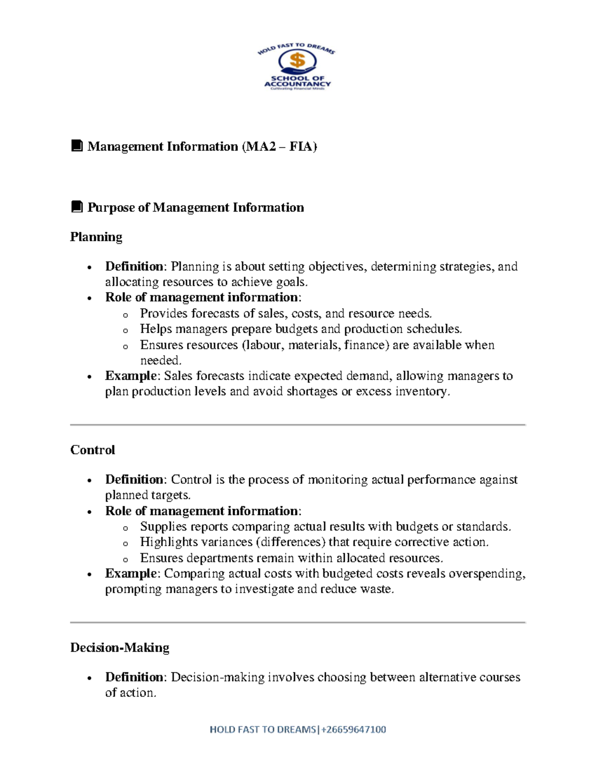 MA2 FIA Management Information Notes: Planning, Control, and Costing ...