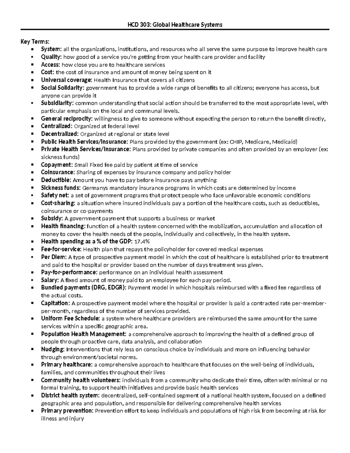 HCD 303: Final Exam Study Guide on Global Healthcare Systems - Studocu