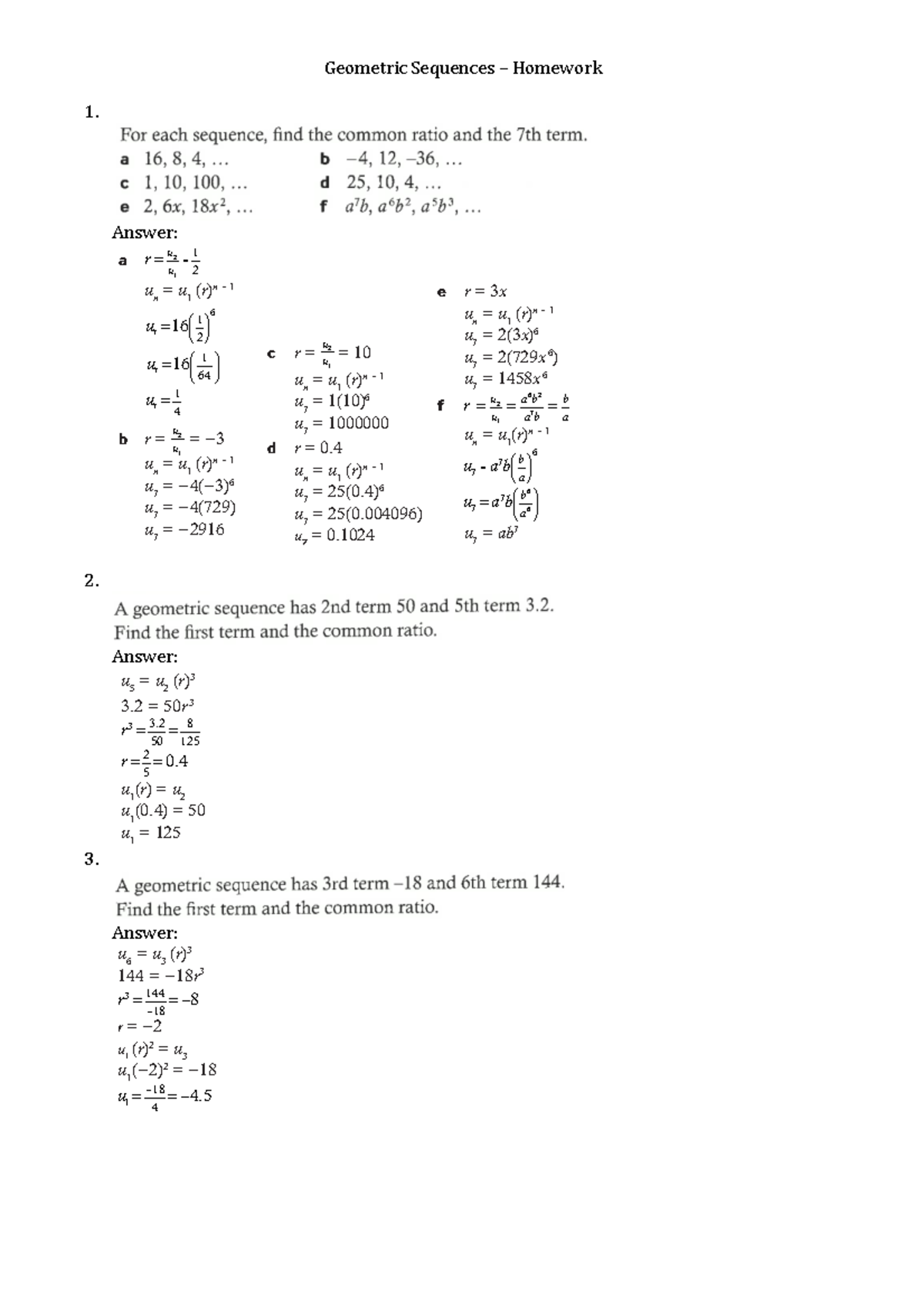 Homework 1: Worked Solutions for Geometric Sequences - Studocu