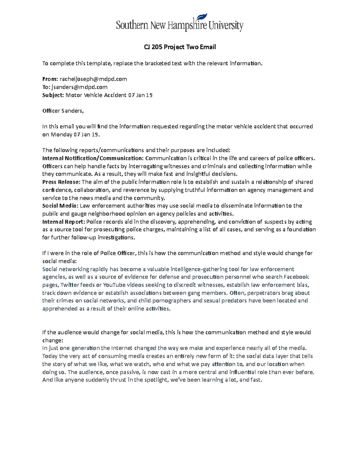 CJ 205 Project 2: Email on Motor Vehicle Accident Reporting - Studocu