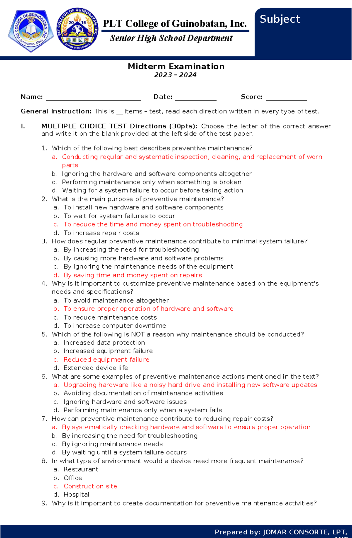 SHS Midterm Exam Format Notes - PLT College 2023-2024 - Studocu