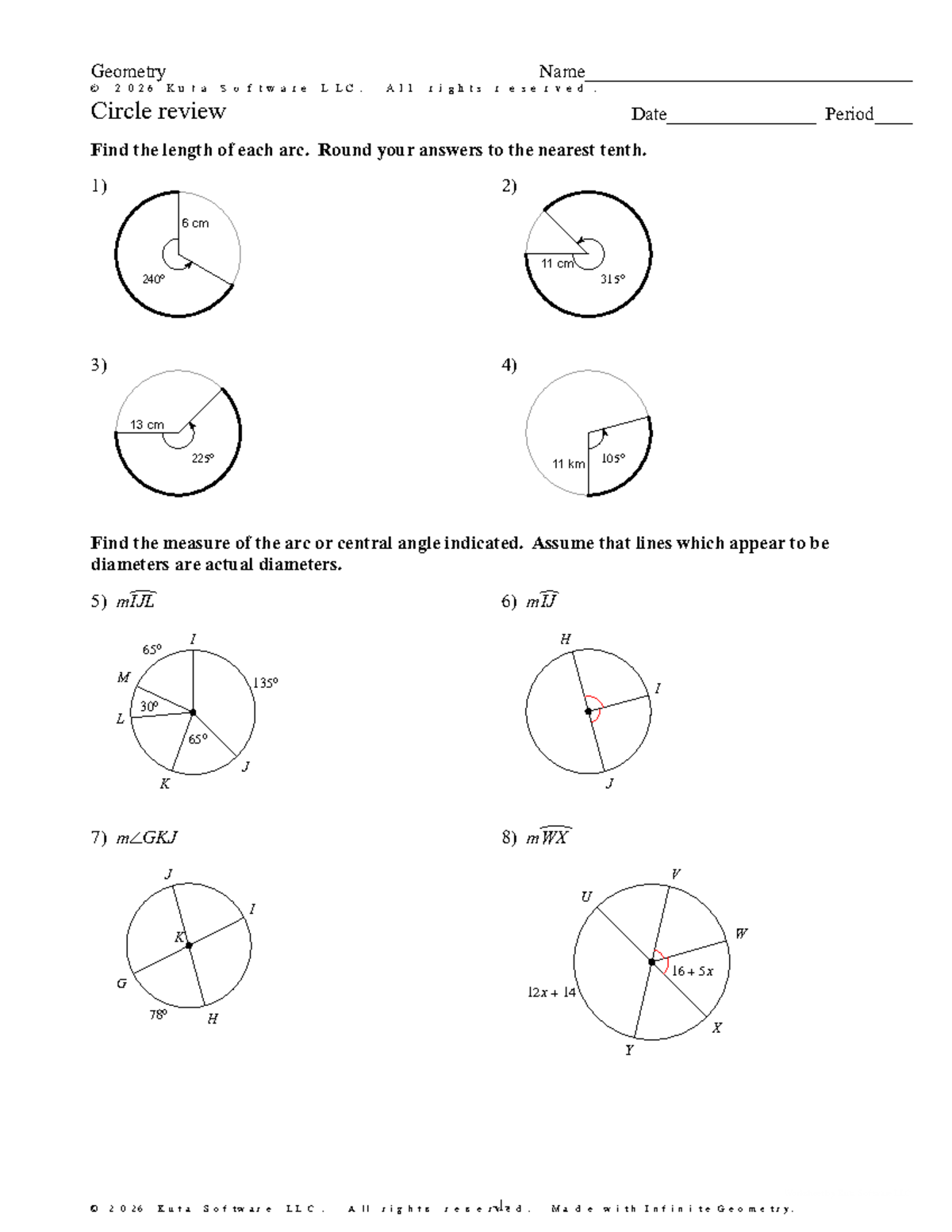 Geometry Circle Review Worksheet - Find Arc Lengths and Angles - Studocu