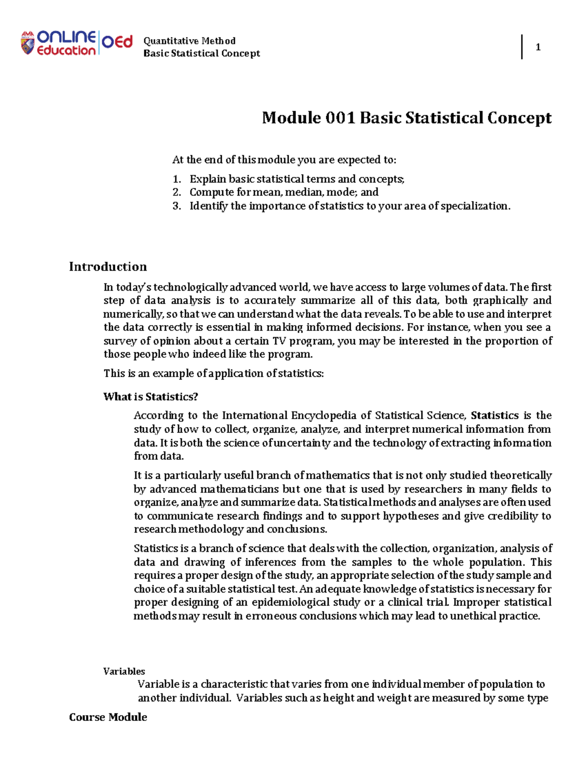 Quantitative Method: Basic Statistical Concepts (Module 001) - Studocu
