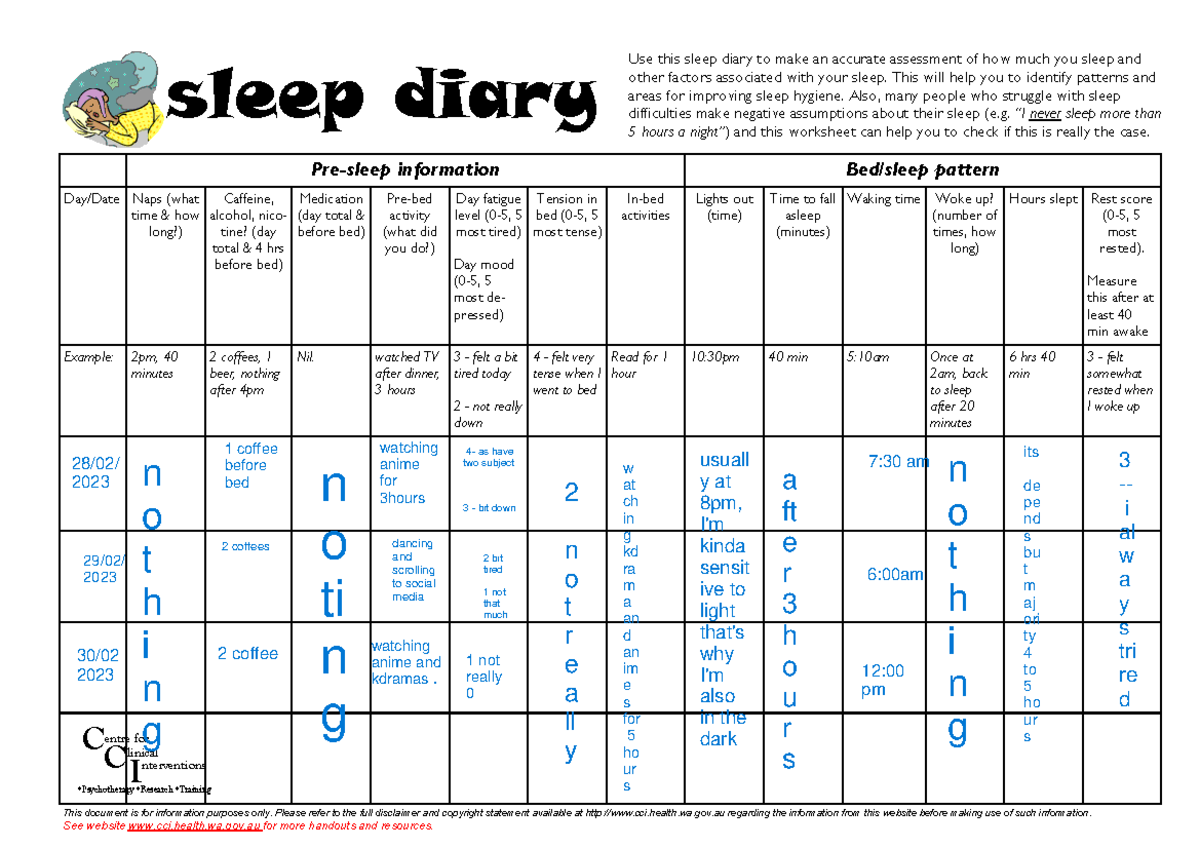 Sleep Diary Notes: Tracking Sleep Patterns and Hygiene - Studocu