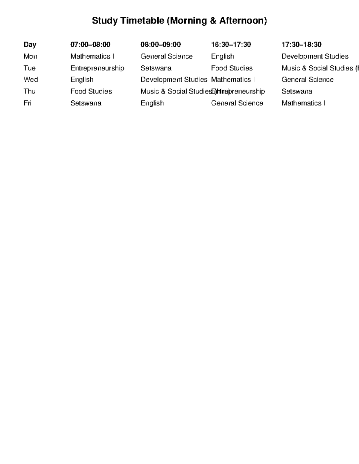 Study Timetable Revisions Mathematics Study Timetable Morning