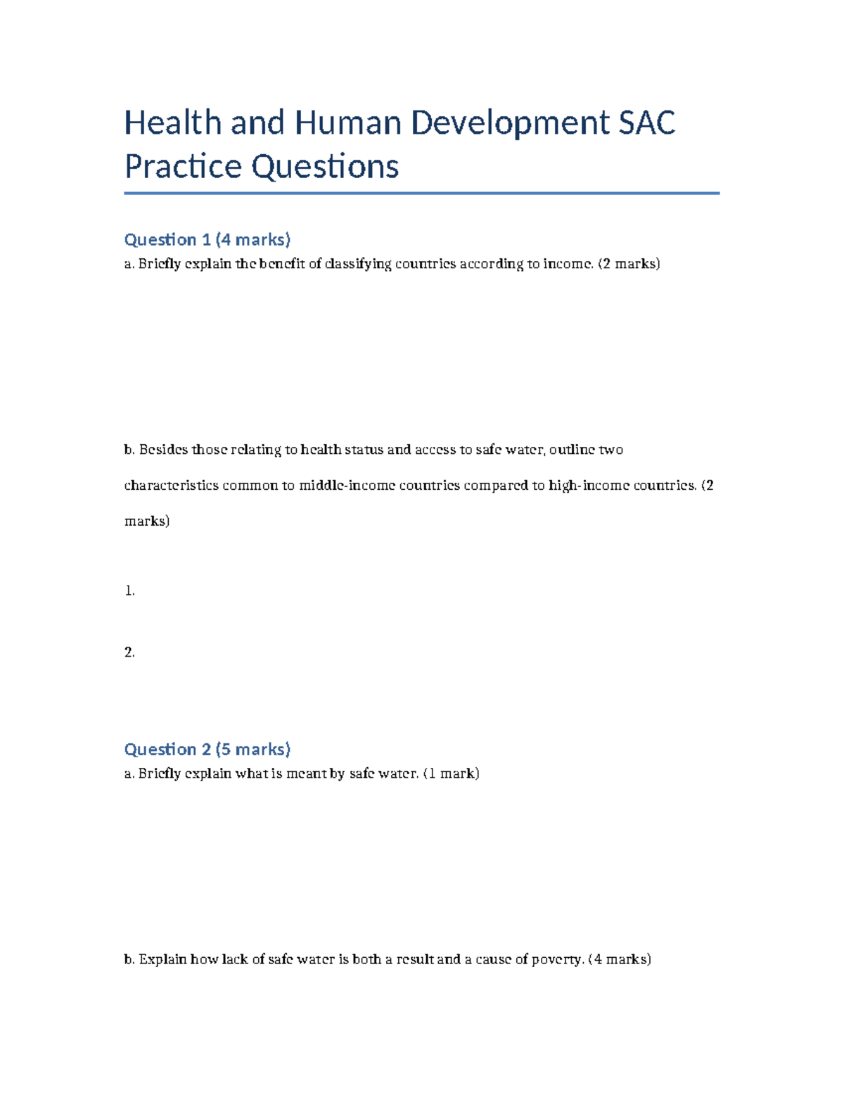 HHD SAC Practice Questions: Income Classification & Safe Water Issues ...