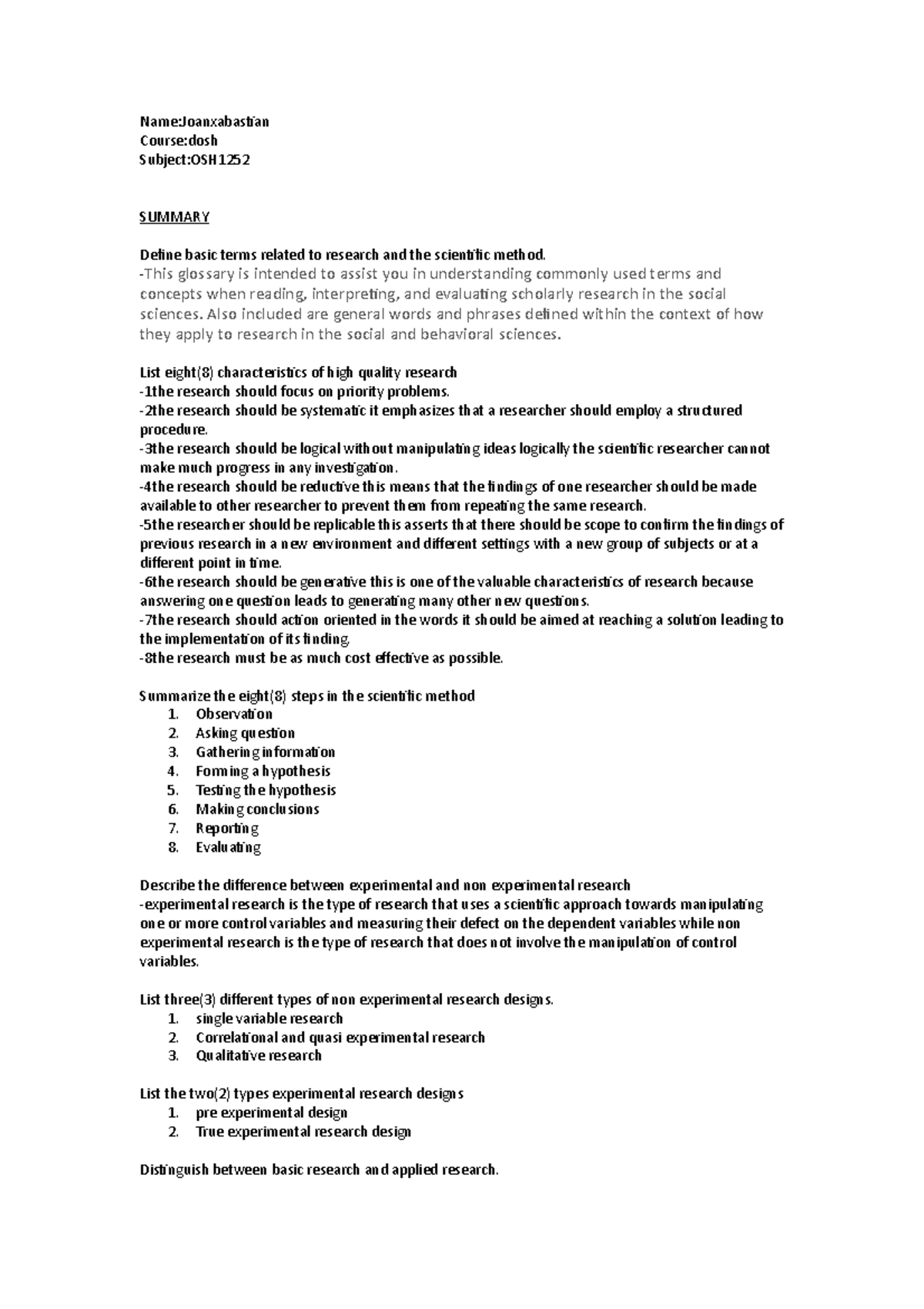 Summary - Name:Joanxabastian Course:dosh Subject:OSH SUMMARY Define ...