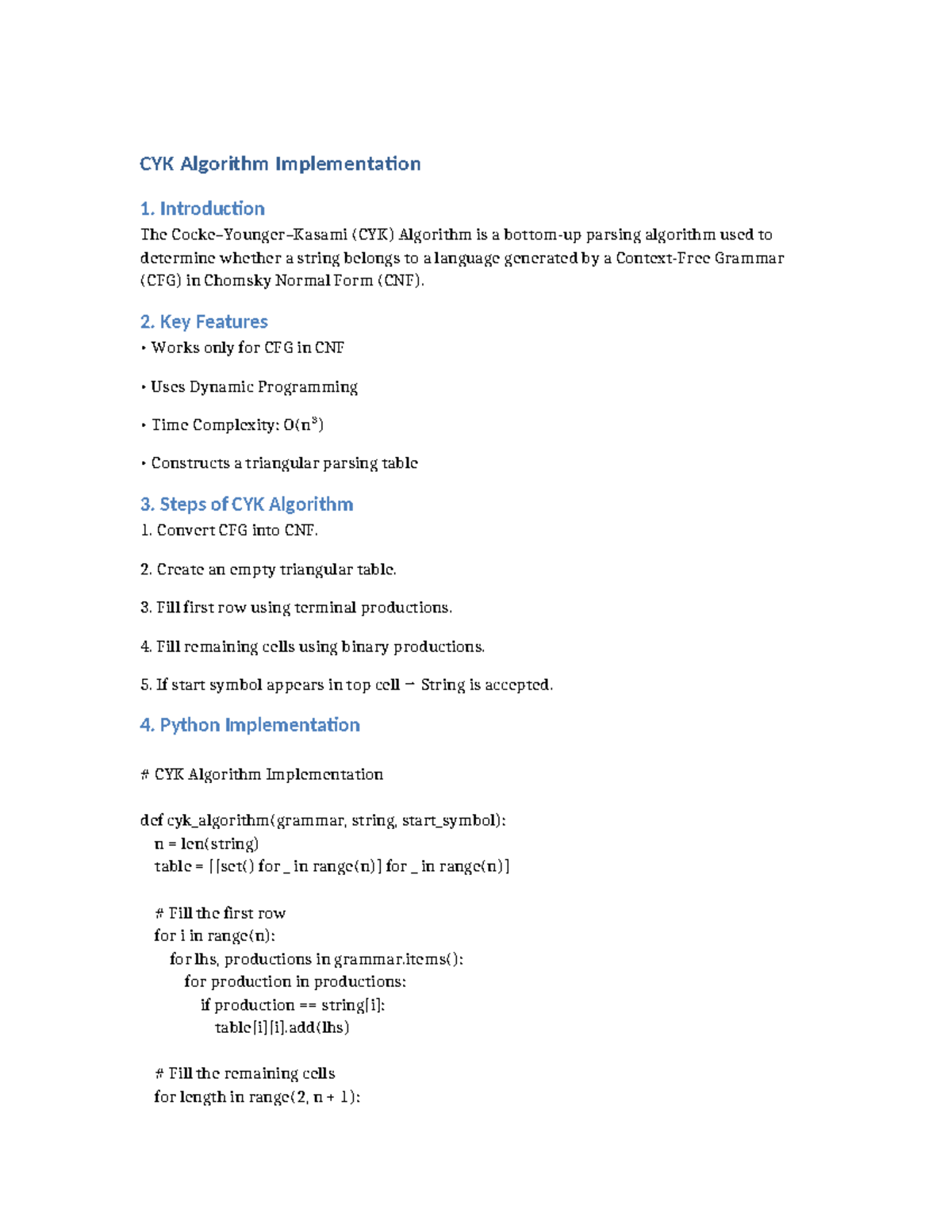CYK Algorithm Implementation: Parsing with CFG in CNF - Studocu