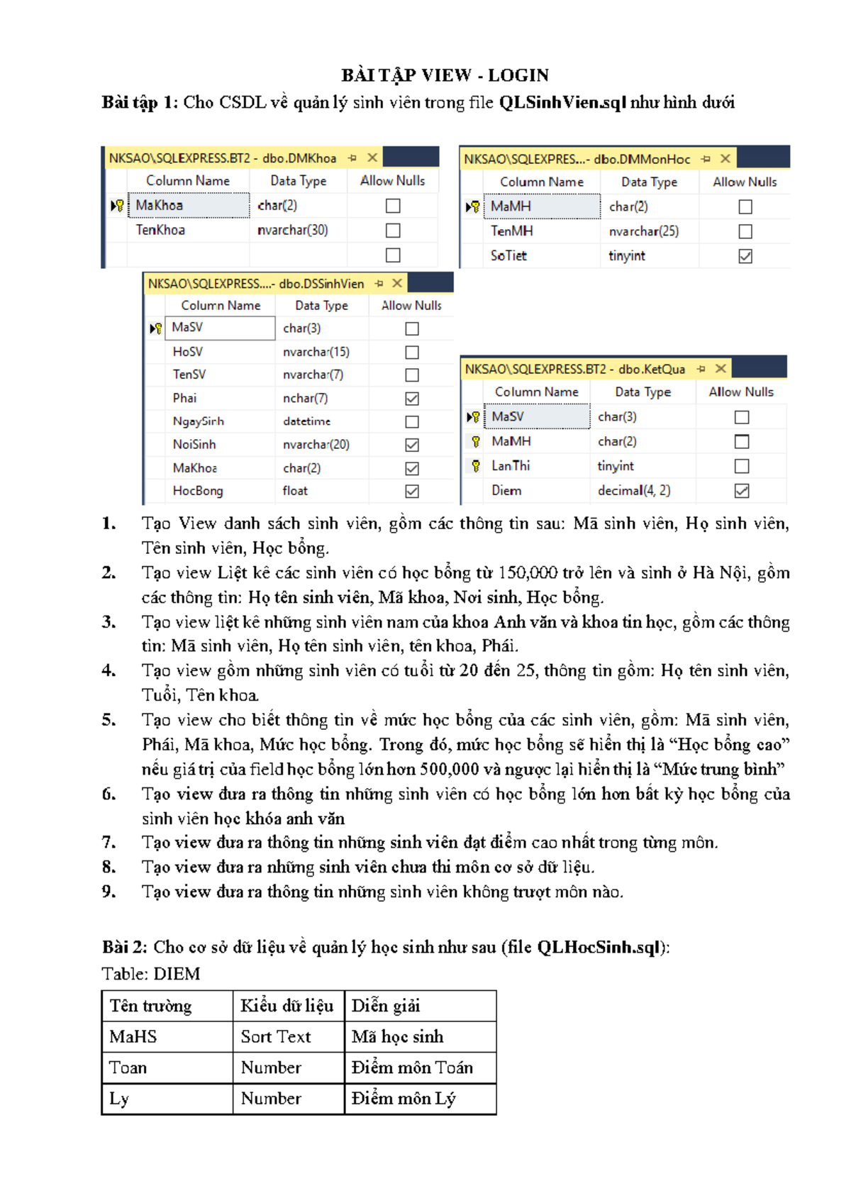 Bài Tập View - Login và Quản Lý Sinh Viên QLSV - SQL - Studocu