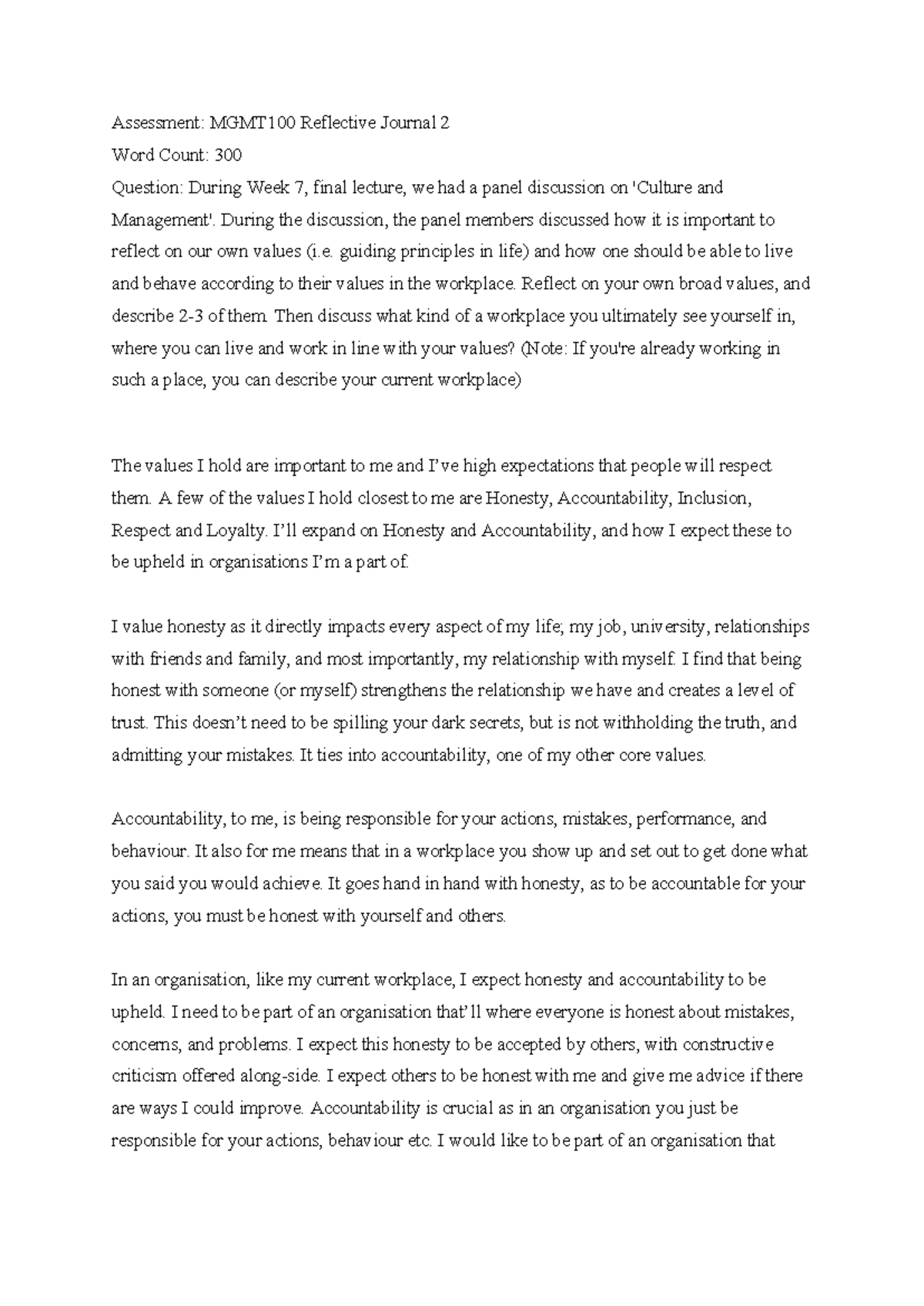 MGMT100 Reflective Journal 2: Values in Culture & Management - Studocu