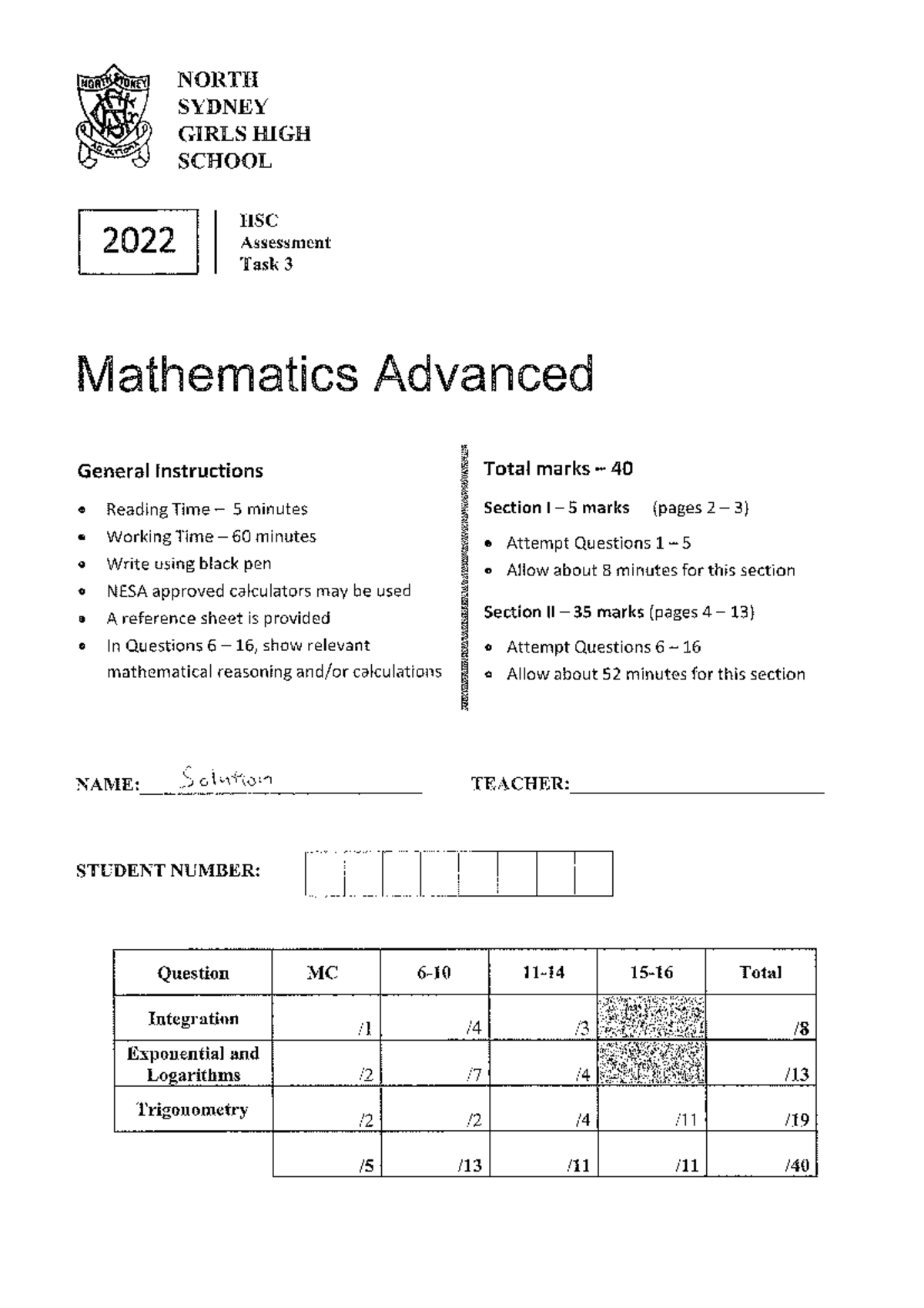 HSC 2022 Assessment Task 3 Mathematics Advanced Solutions - Studocu