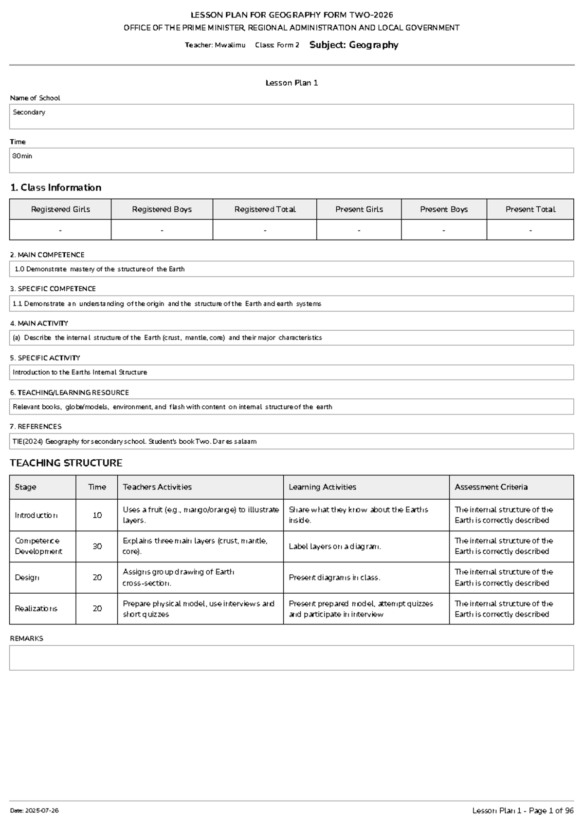 Geography F2-2026 Lesson Plan: Understanding Earth's Structure - Studocu