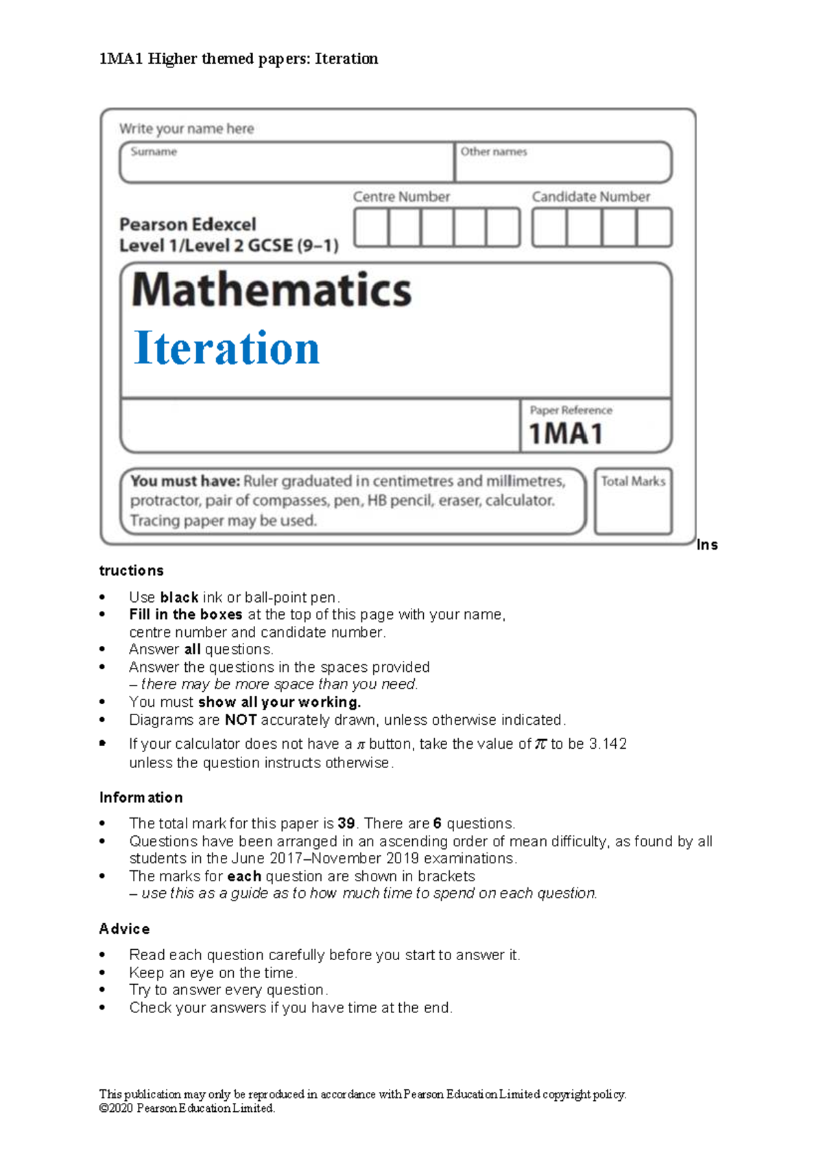 1MA1 Higher Themed Papers: Iteration Question Paper - Studocu