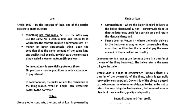 Loan Articles 1933-1961: Understanding Commodatum and Simple Loans ...