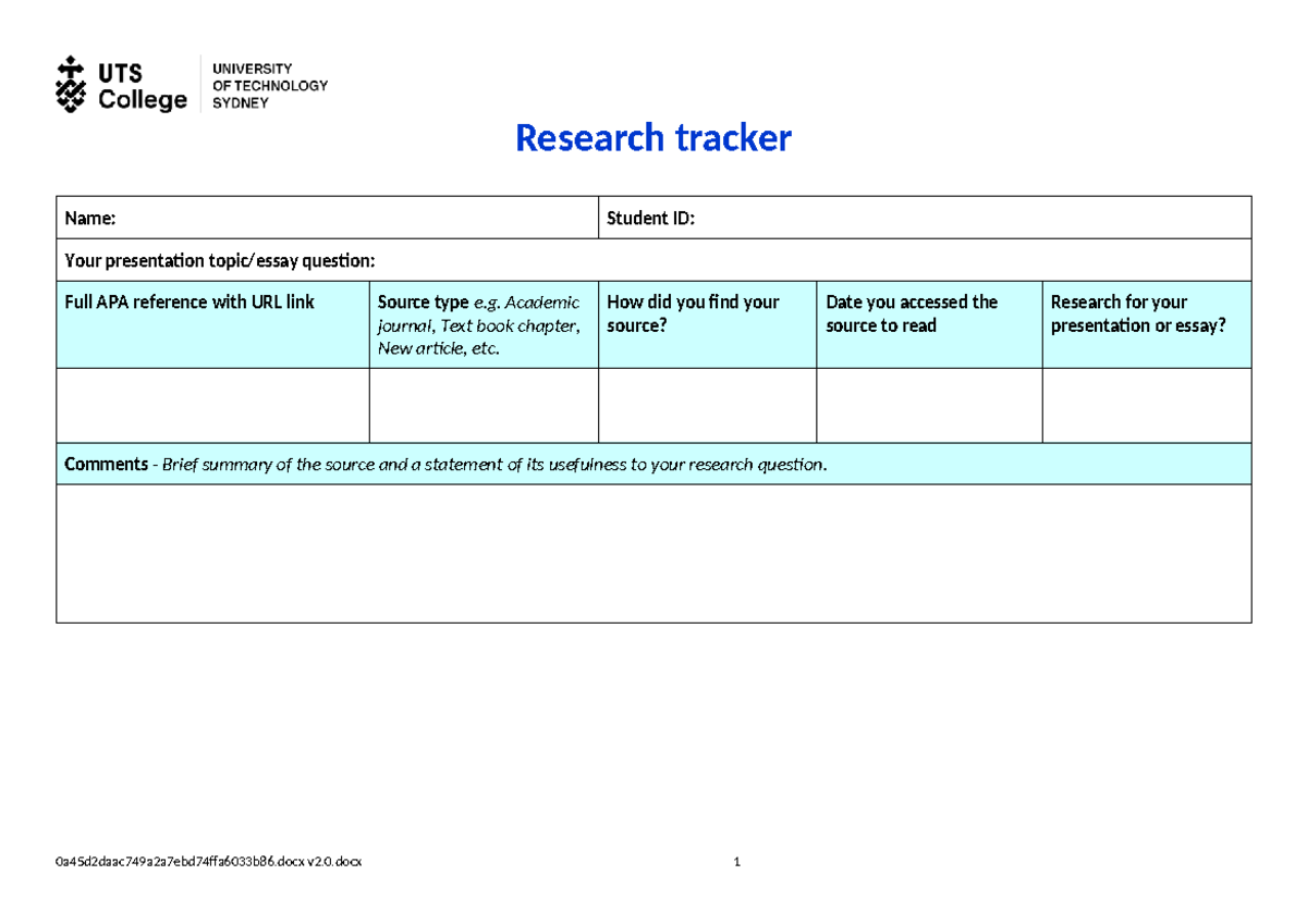 Research Tracker for Presentation or Essay Preparation - Studocu
