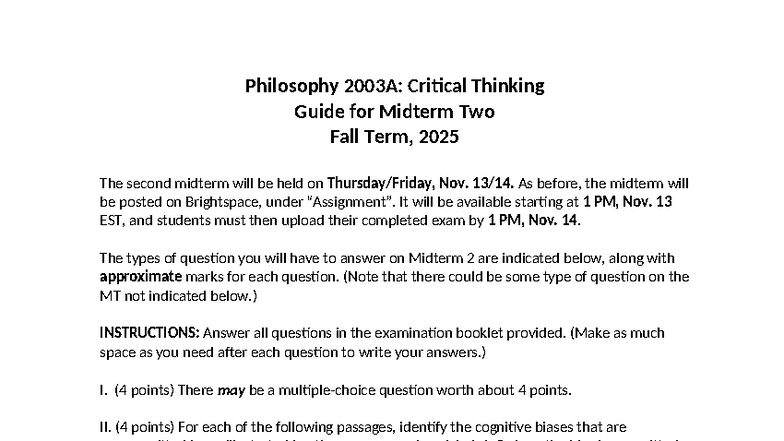 Philosophy 2003A: Midterm 2 Critical Thinking Guide Fall 2025 - Studocu