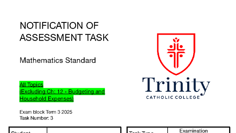 2025 Year 11 Mathematics Standard Task 3 Notification of Assessment ...