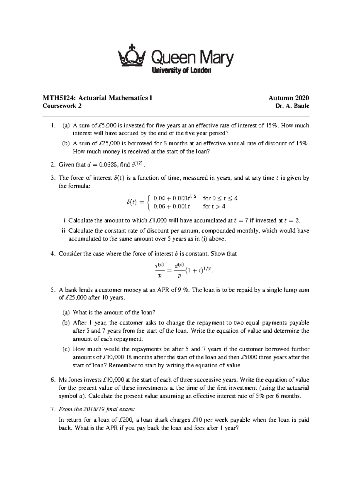 MTH5124 Coursework 2: Actuarial Mathematics Problems & Solutions - Studocu