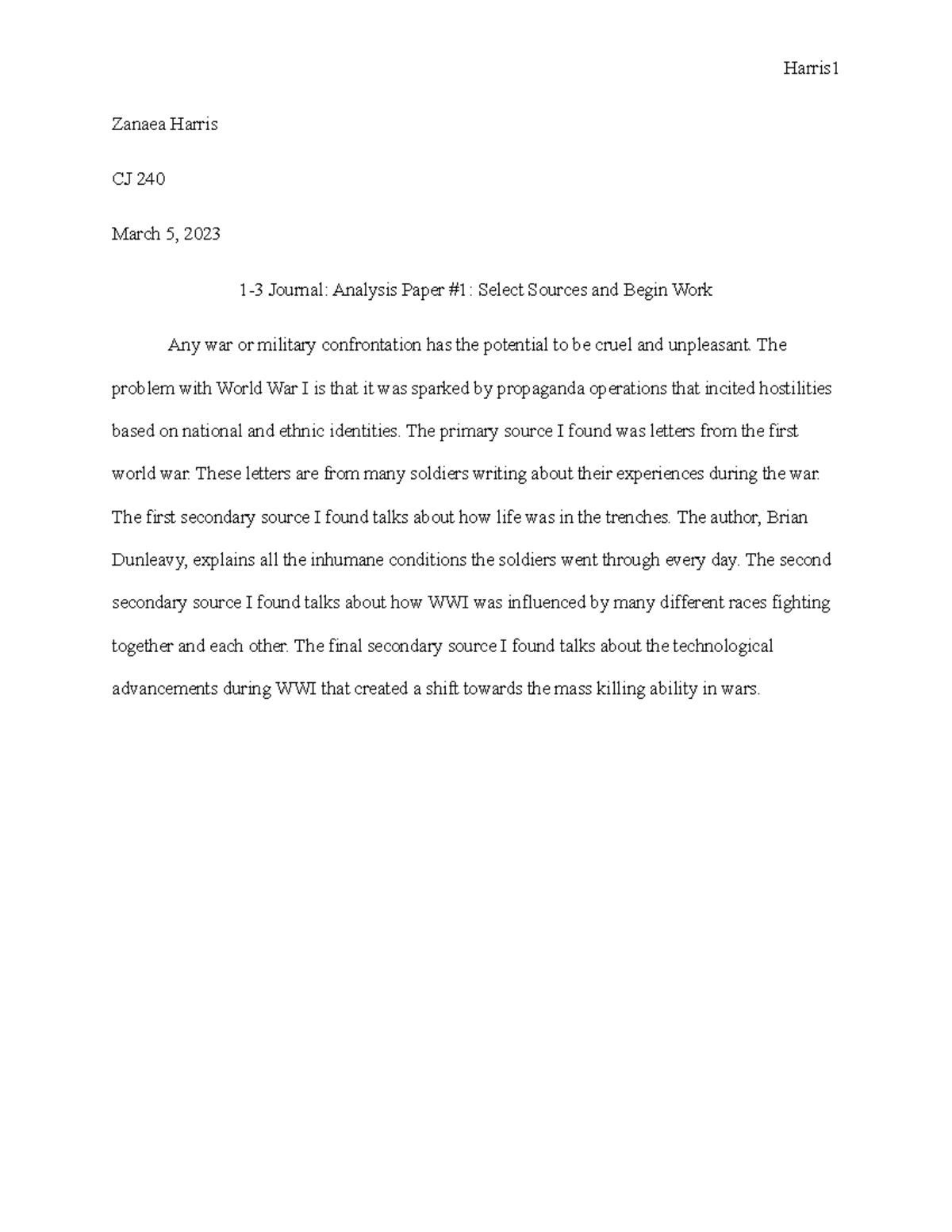 CJ 240: Journal Analysis Paper #1 on WWI Sources and Insights - Studocu
