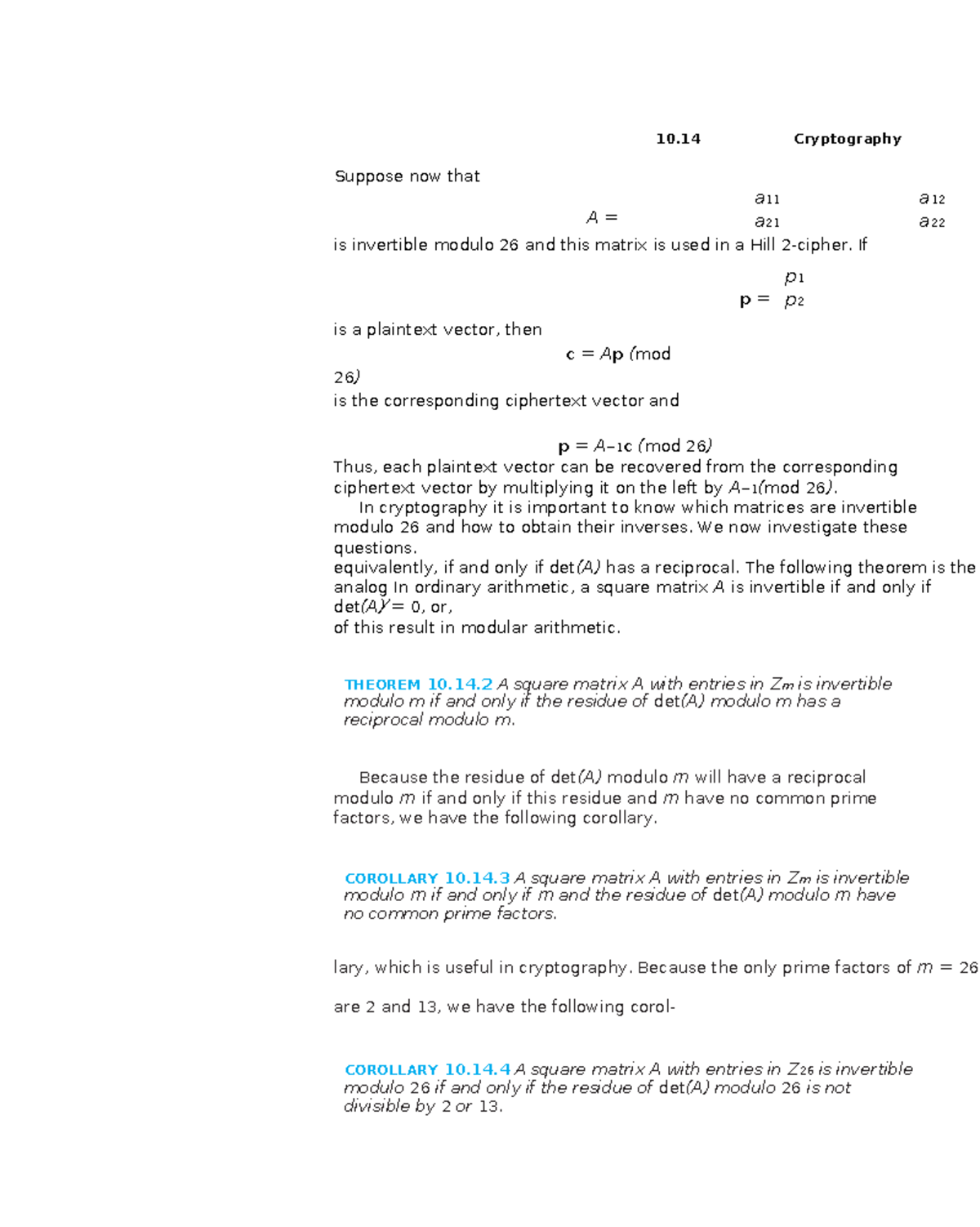 Hill Cipher and Invertible Matrices Modulo 26 - Chapter 10.14 Notes ...