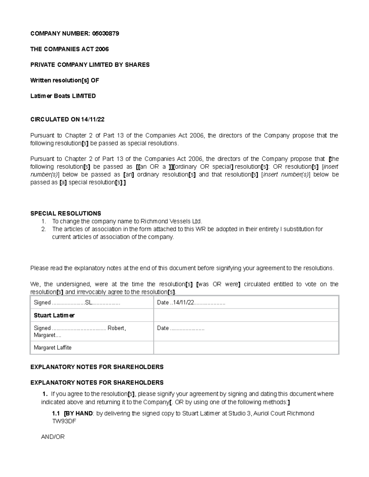 WR - Written Resolutions for Latimer Boats Ltd. Shareholder Agreement ...