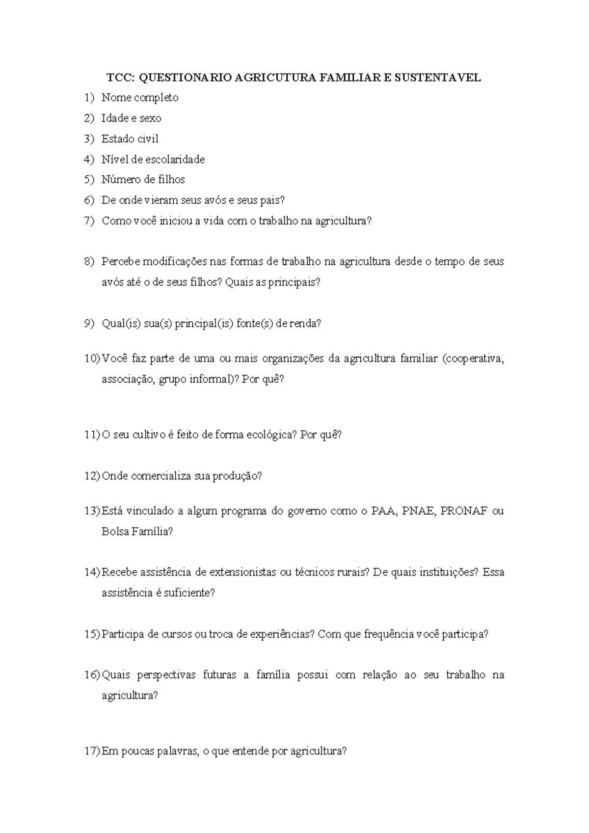 TCC: Questionário sobre Agricultura Familiar e Sustentável - Studocu