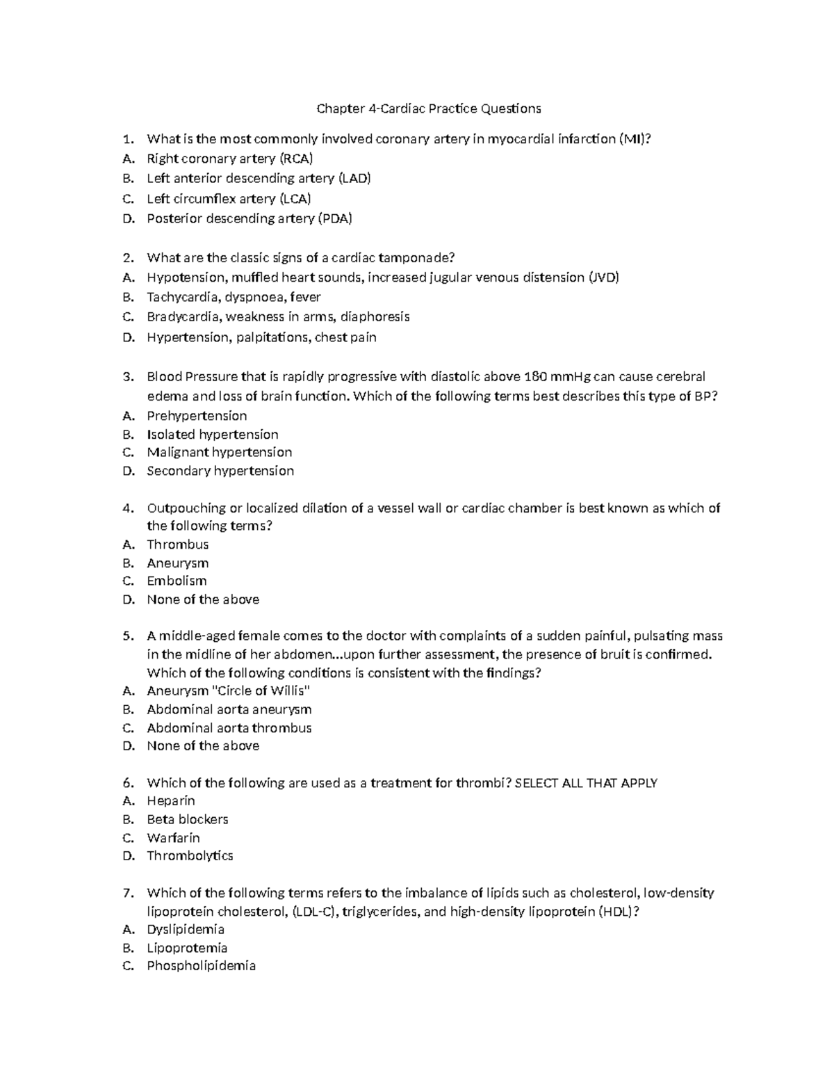 Chapter 4 Cardiac Practice Questions: Key Concepts & Quiz - Studocu