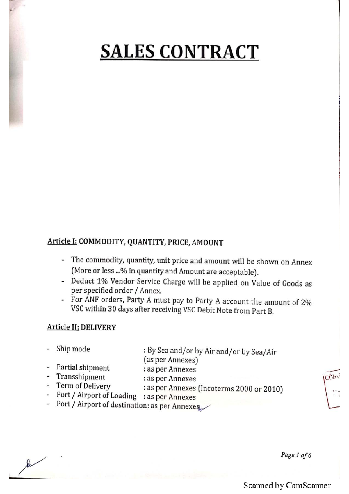 SALES CONTRACT: Terms of Commodity, Delivery, and Responsibilities ...