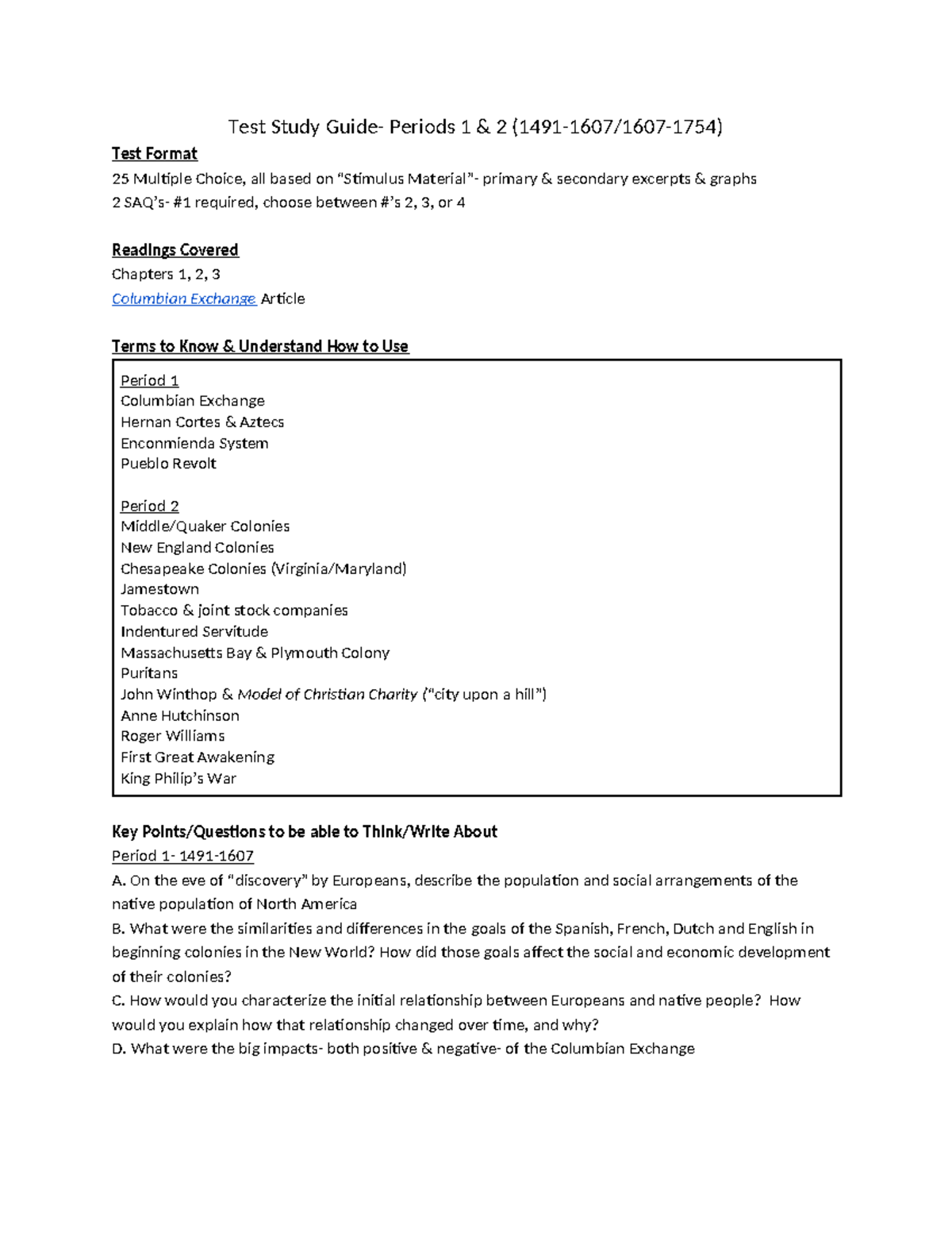 Test Study Guide: APUSH Periods 1 & 2 (1491-1754) - Studocu